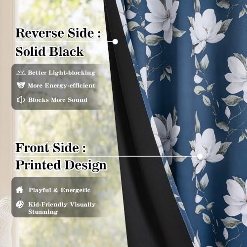 Image of MYSKY HOME Floral 95% Blackout Curtains 54 Inch Long 2 Panels Set for Kitchen White Flower Printed Thermal Insulated Light Blocking Black Out Grommet Window Treatments, 52 inch W Each Panel, Blue