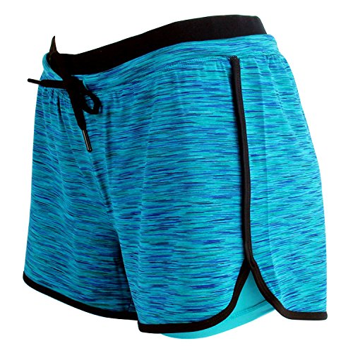 RIBOOM Women Workout Fitness Running Shorts Double Layer Active Yoga Gym Sport Shorts Blue Green