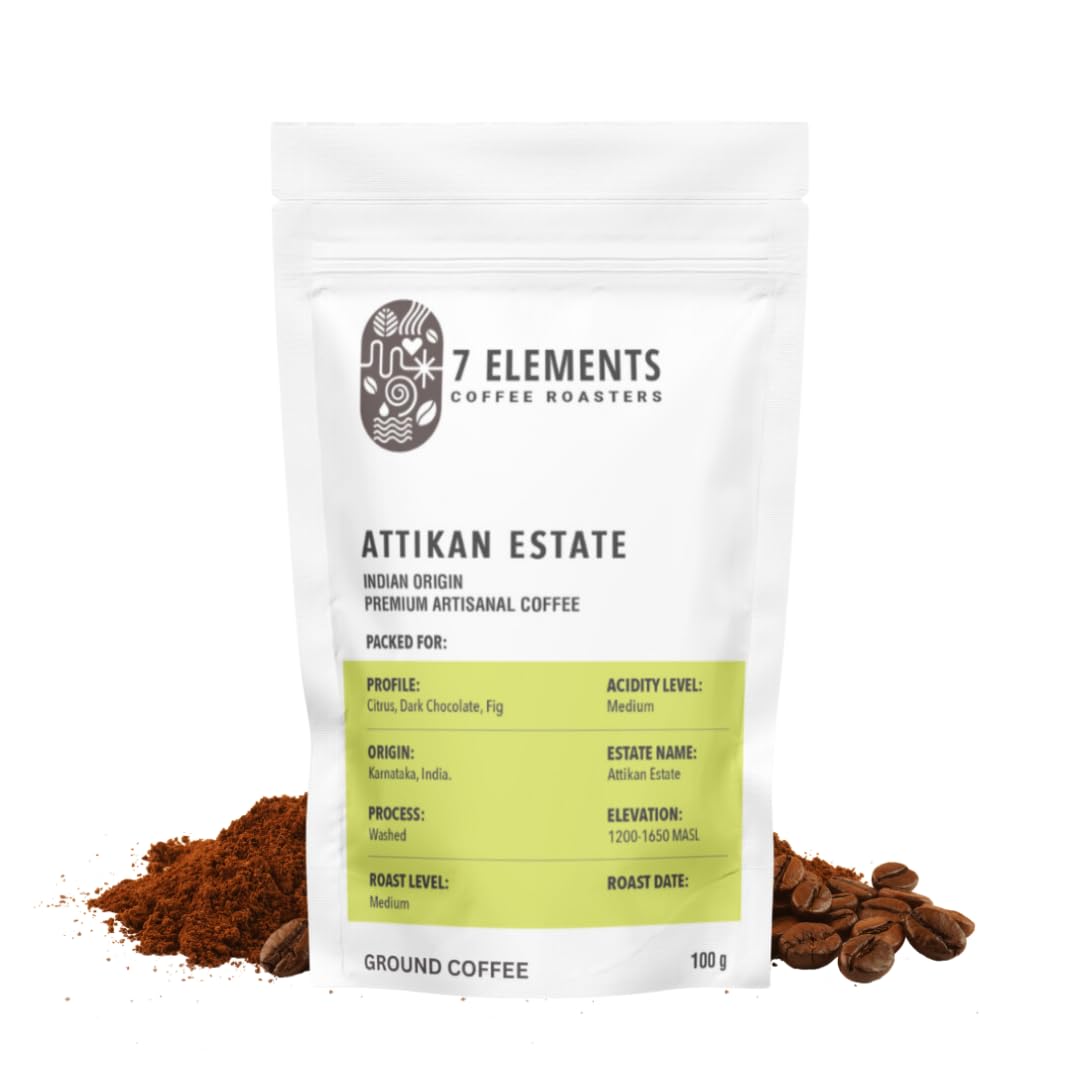7 Elements Coffee Roasters Attikan Estate Ground Coffee - 100 g (Pack of 1) | Medium Roast (Chemex Grind) | 100% Arabica Freshly Roasted Coffee Grounds | AA Grade | Rich Flavorful Coffee