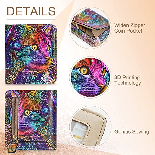 APHISON Womens Wallet, Slim Small Wallet for Women RFID Wallet Women Cartoon Microfiber Leather with ID Credit Card Holder Zipper Coin Pocket Bifold Compact Wallet Cat4