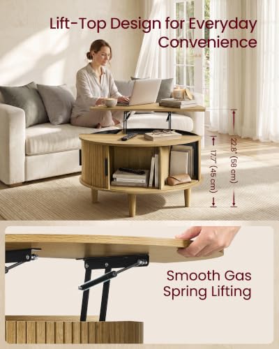 Image of VASAGLE Round Coffee Table, Lift Top Coffee Table with Tambour Sliding Door