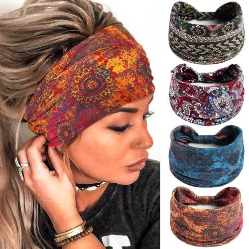 Olbye Wide Boho Headbands Floral Stretch Head Wraps Bohemian African Turban Hairbands Knotted Bandana Headband Yoga Running Head Scarfs Workout Hair Accessories for Women 4Pcs (Boho 9.4 * 5.9)
