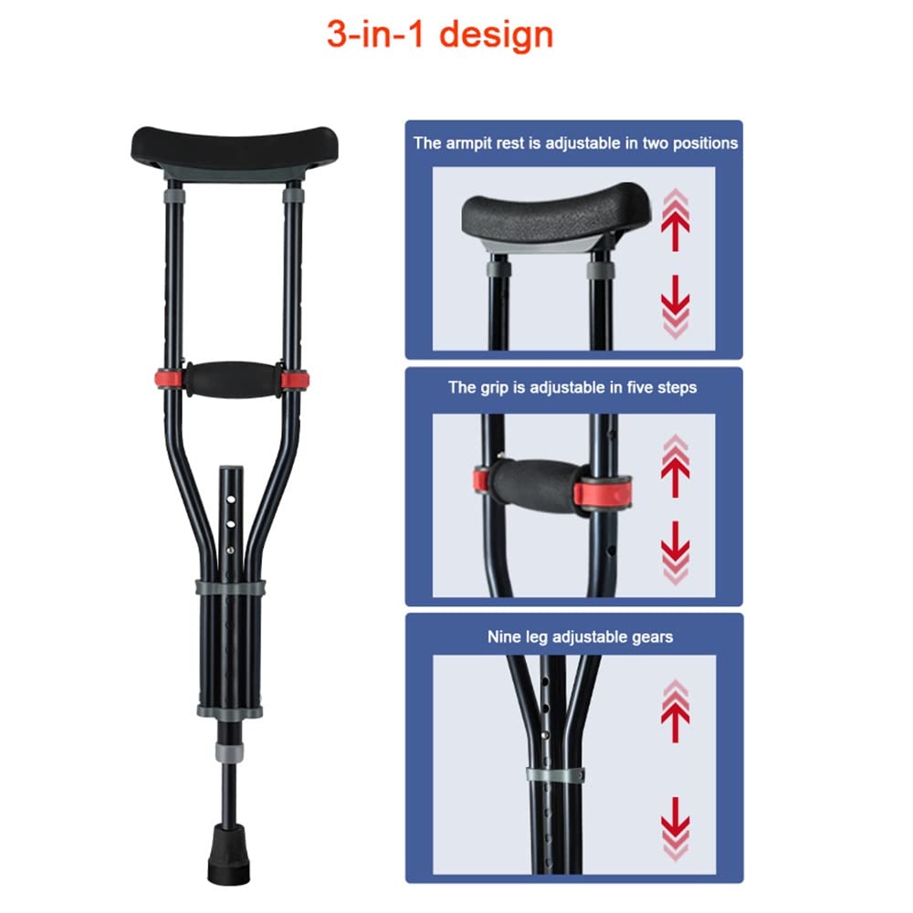KADEUX Muletas Axilares para Niños, Muletas Ortopédicas Ajustable Ayuda De Movilidad, Muletas Ergonómico para Axilares, Bastón para Caminar, Aleación De Aluminio, Negro, 2pcs
