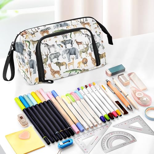 Image of Fisyme Zoo Animals Giraffe Elephant Pencil Case Large Capacity Pen Bags Box Big Makeup Pouch Organizer