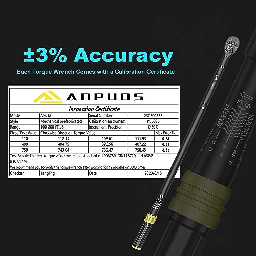 Image of ANPUDS 3 /4 inch Click Torque Wrench, 100-800 Ft-Lb /135.5-1084 Nm, Heavy Duty | ±3% Accuracy, 48-Tooth Quick Release, Cr-V Steel, Dual-Direction, for Semi Truck, Tractor, Diesel, Construction & Mining