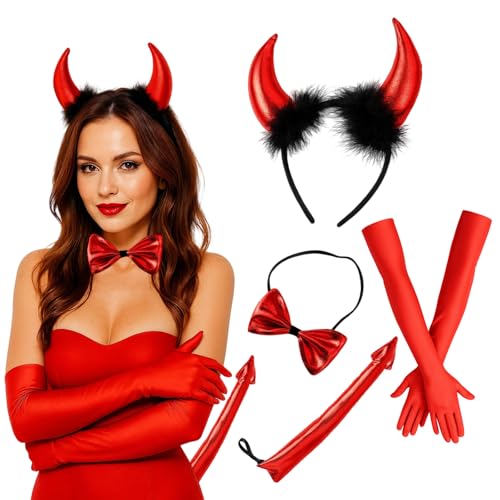 HcvGcm Teufel Kostüm Damen, 4-teiliges Set mit Teufelshörnern Haarspange, Teufelsschwanz, Fliege und Handschuhen, für Karneval, Halloween und...