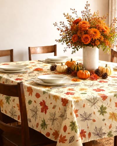Image of Pureegg Polyester Fall Tablecloth 60 inch x 84 inch 1 Pack Autumn Leaves