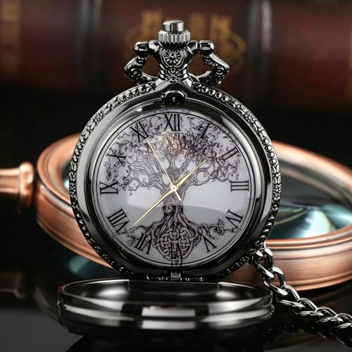 Image of Tiong Pocket Watch Hollow Tree of Life Design Roman Numerals Engraved Bible Verse Quartz Pocket Watch with Chain Custom Pocket Watch Birthday Gifts