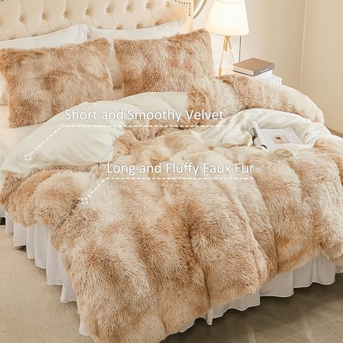 Image of EMME Luxury Khaki Fuzzy Duvet Cover Set Twin Size Fluffy Comforter Cover Set 2 Pieces Shaggy and Plush Soft Bedding Duvet Covers (Tie Dye Khaki, Twin)