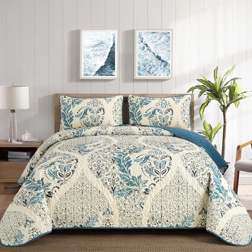 Quilt Set Queen Size, Boho Beige Damask Bedspread Coverlet Set