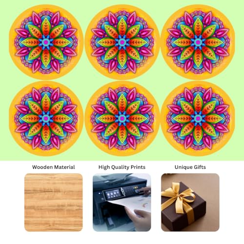 Image of Zesta Coasters for Cups Set of 6 / Wooden Coasters for Bar Accessories for Home /Tea Coaster Set of 6 / Waterproof Dining Table Decor Glass Cover (Mandala - Brown, Circle)