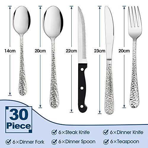 Herogo Cutlery Set, 30 Pieces Stainless Steel Flatware Set with Steak Knives, Hammered Tableware Silverware with Fork Knife Spoon, Service for 6 People, Easy Clean/Dishwasher Safe/Mirror Polished - Image 3