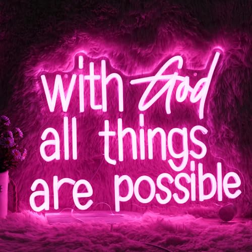 Image of With God All Things Are Possible Neon Sign Beautiful Pink God Led Lights for Wall Decor Dimmable USB Powered Light up Sign 16.9 * 13 Inch Neon Light for Room Party Wedding Church Decor