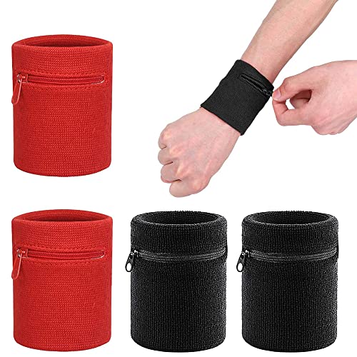 4 stuks polsbanden met ritsvak, sportzweetband, zweetabsorberende sportarmband, katoenen warme armband, elastische armband, geschikt voor outdoor en indoorsport