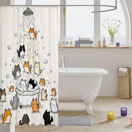 Image of Feelyou Cat Shower Curtain for Bathroom Decor Cute Bath Curtain for Stalls Bathtubs Funny Cat Lover Bathroom Accessories Cartoon Animal Waterproof Polyester Fabric with 12 Hooks 72 inchx72 inch