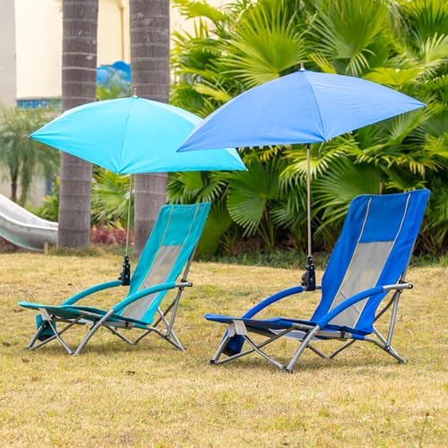 Image of Romswi Beach Chair with Umbrella 2PK, Folding Low Beach Chairs for Adults with Adjustable Parasol, Cup Holder, Breathable Backrest, Comfortable Armrests, Lightweight for Beach & Camping, Green