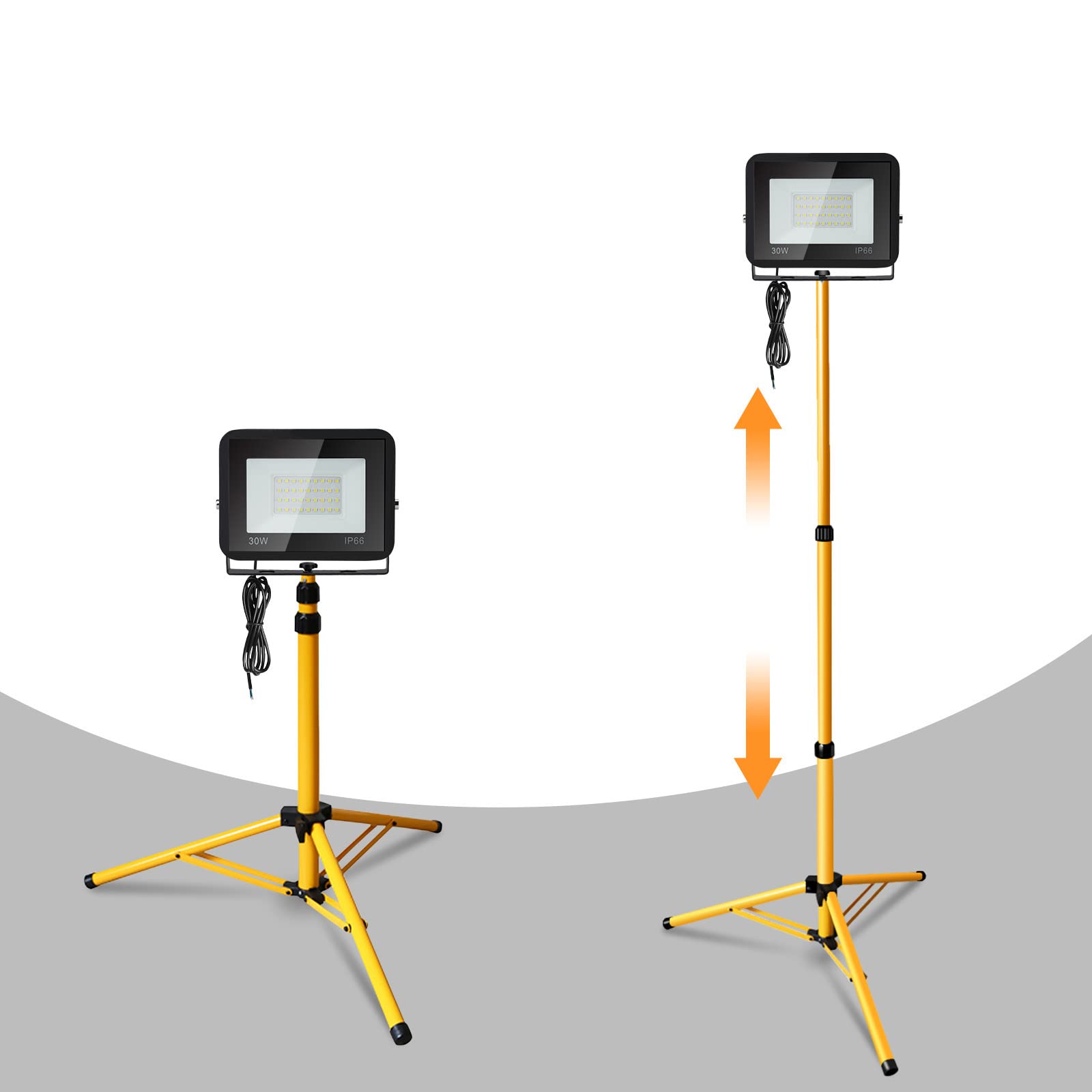 Herrselsam Reflektor budowlany LED ze statywem, 50 W, IP66, wodoszczelny, 6000 K, zimna biel, 4250 lm, lampa robocza do piwnicy, szopy, regulacja wysokości (z kablem o długości 1 m, bez wtyczki)