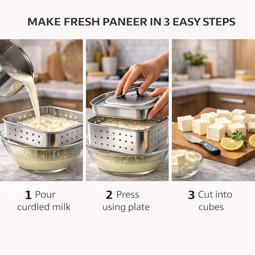 Image of Paneer Maker for Home Use | Stainless Steel Paneer Maker Steel with Drain System | Paneer Maker Mould Press, Paneer Press & Tofu Press | Durable Reusable Paneer Strainer Kitchen Tool (350 ml)