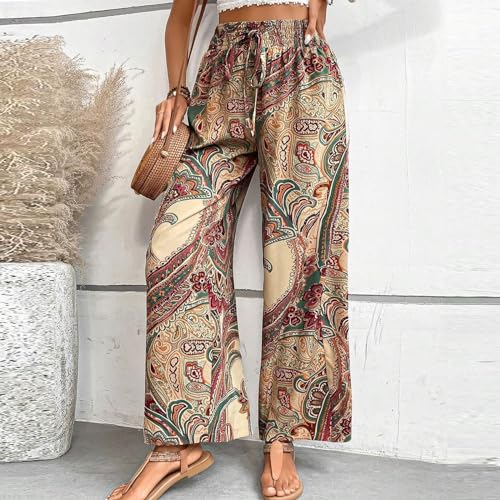 Boho Palazzo Pants for Women Drawstring High Waisted Print Loose Wide Leg Pants Flowy Casual Baggy Beach Pants4
