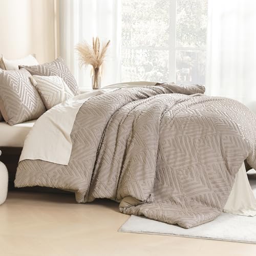 Image of Litanika California King Comforter Set Light Coffee, 3 Pieces Tufted Boho Farmhouse Bedding Comforter Sets, Lightweight Fluffy Comforter Bed Set All Season (104x96In Comforter & 2 Pillowcases)