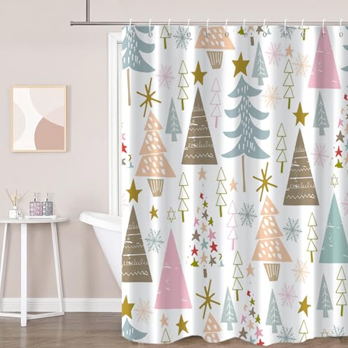 GKLEASG Merry Christmas Shower Curtain, Winter Xmas Tree Snowflake Star Holiday Waterproof Fabric Machine Washable for Bathroom Bathtub Decor with Hooks 72"x72"