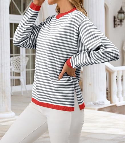 Image of Womens 2024 Striped Long Sleeve Sweaters Fall Crewneck Color Block Shirts Knited Pullover Tops Side Split Dark Blue White