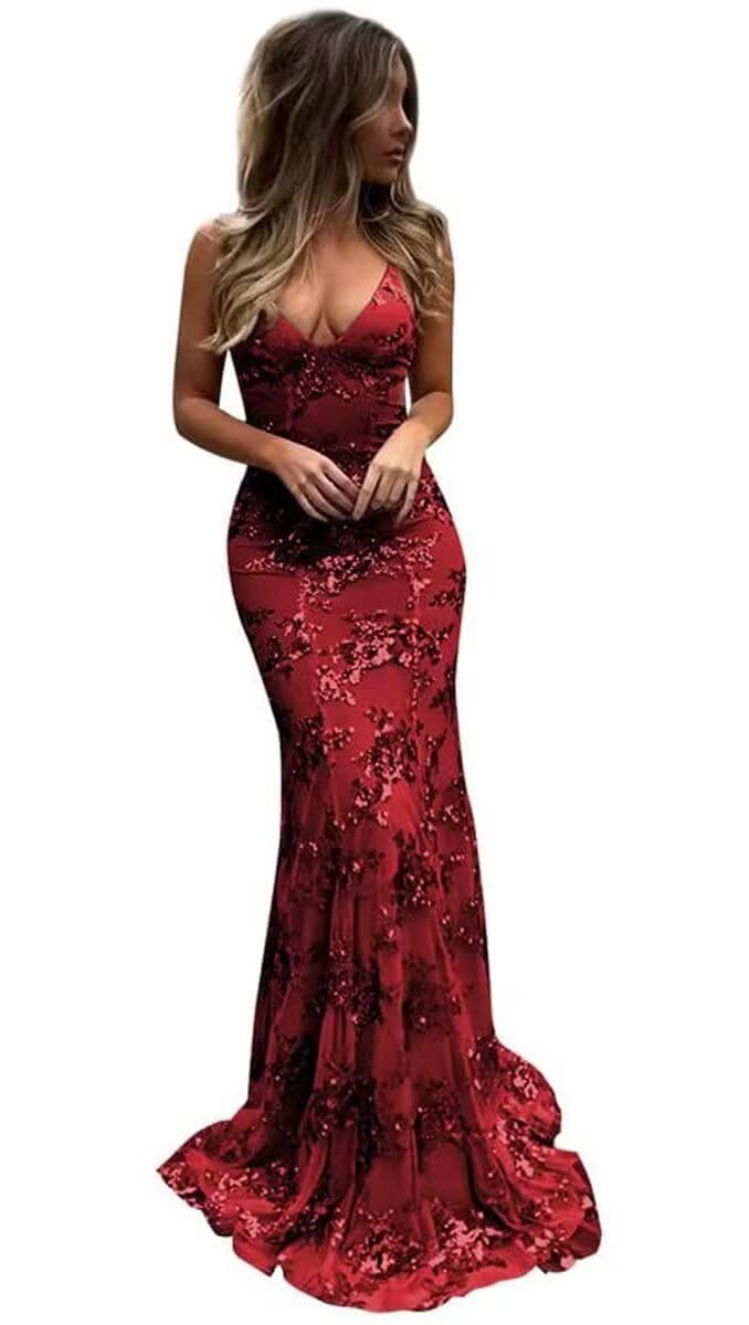 PARPIS Bodycon Mermaid Prom Gowns for Women Tulle V-Neck Backless Evening Dresses Spaghetti Straps Train Formal Party Dress Wine Red