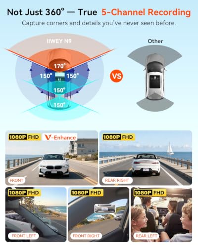 Image of IIWEY N9 360 5 Channel Dash Cam, Free 128GB Card, 12 IR LEDs Night Vision