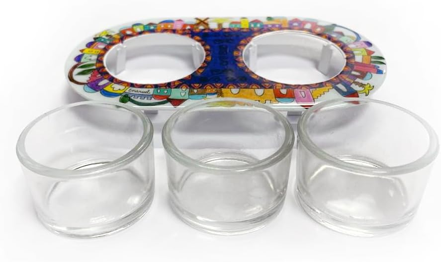 Yair Emanuel Shabbat Candle Holders for Tea Light Candles – Vibrant Decorative Metal Base with Glass Cups – Modern Judaica Gift (Jerusalem Cal-5)