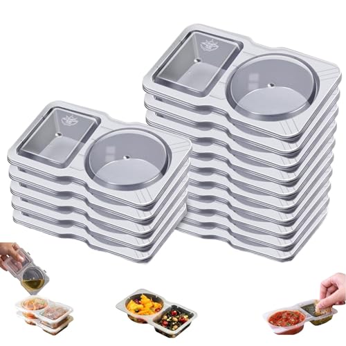Recipientes reutilizables para aperitivos con tapas, 50 recipientes de viaje de doble compartimento con tapas, almacenamiento reutilizable a prueba de fugas, bandeja de aderezo de ensalada para llevar