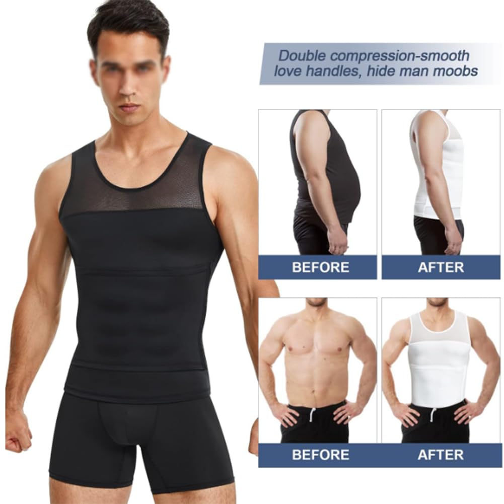 Herren Kompressionsbody Shaper Abnehmen Weste Enges Tank Top Shirt Bauchkontrolle Unterwäsche(Weiß-Groß
