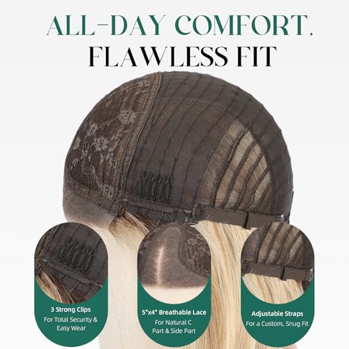 Image of Ombre Mixed Blonde Wig Human Hair Pre Plucked Straight Short Bob Wigs 5x6 UHD Lace Front Wigs Remy Real Human Hair for Women 14Inch