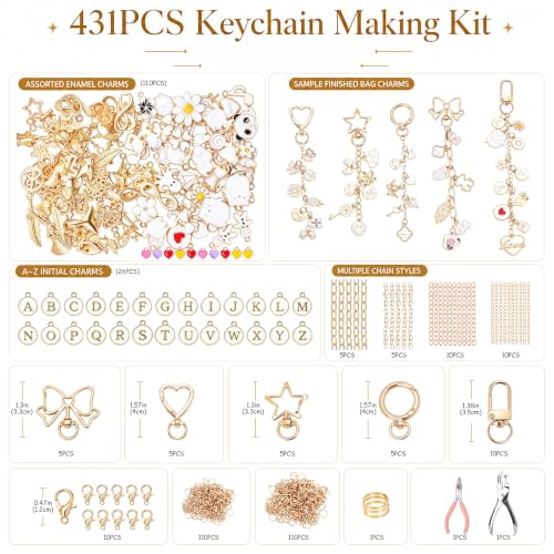 431PCS Lip Gloss Keychain Making Kit, Aesthetic DIY Bag Charm Kit with 136 Charms, Chains & Jewelry Tools, Make Bag & Purse Charms, Party Favors & Gifts, Small Business Supplies (431PCS GOLD-WHITE) - Image 2