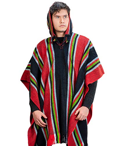 Traditional Hooded Poncho for Men in Black and Red Alpaca Wool - Cloak Cape for Winter4