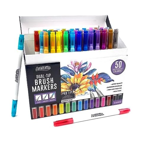 ArtSkills Dual Tip Fine & Brush Tip Markers for Adult Coloring, Brush Markers 50-Count Cover