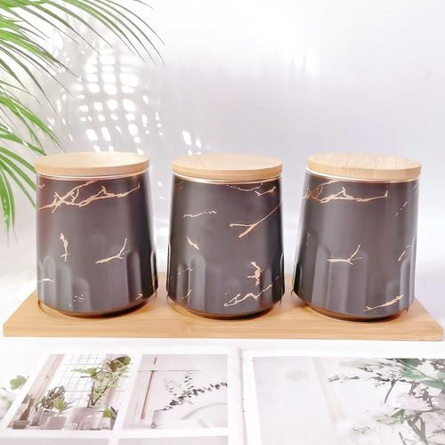 Image of UMAI Ceramic Jars for Kitchen Storage with Bamboo Lids | Pack of 3 | 280ml Each | Multipurpose Jars for Pickles, Nuts, Dry Fruits | Black and Brown | Airtight Kitchen containers set |