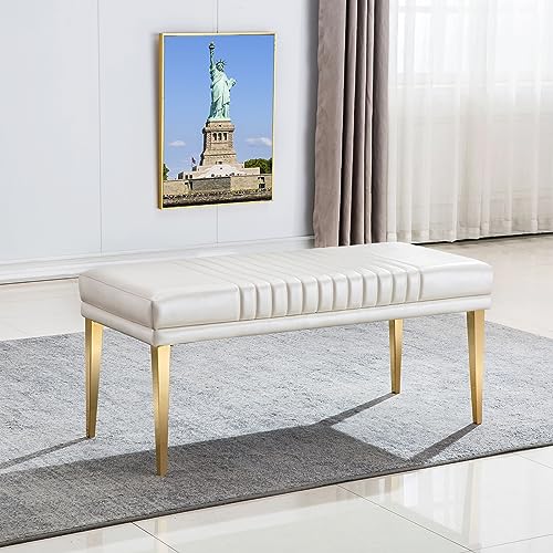 AUZ Modern Luxury Upholstered Bench, White PU Leather Dining Room Channel Ottoman with Gold Stainless Steel Legs