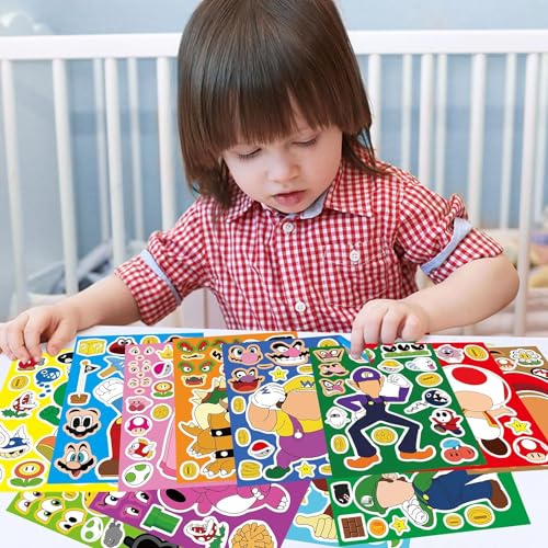 Image of 36PCS Mario Make a Face Stickers, DIY Mario Party Supplies Favors Make Your Own Stickers Mixed and Matched with Different Designs Characters for Birthday Gifts Class Reward Book Decor