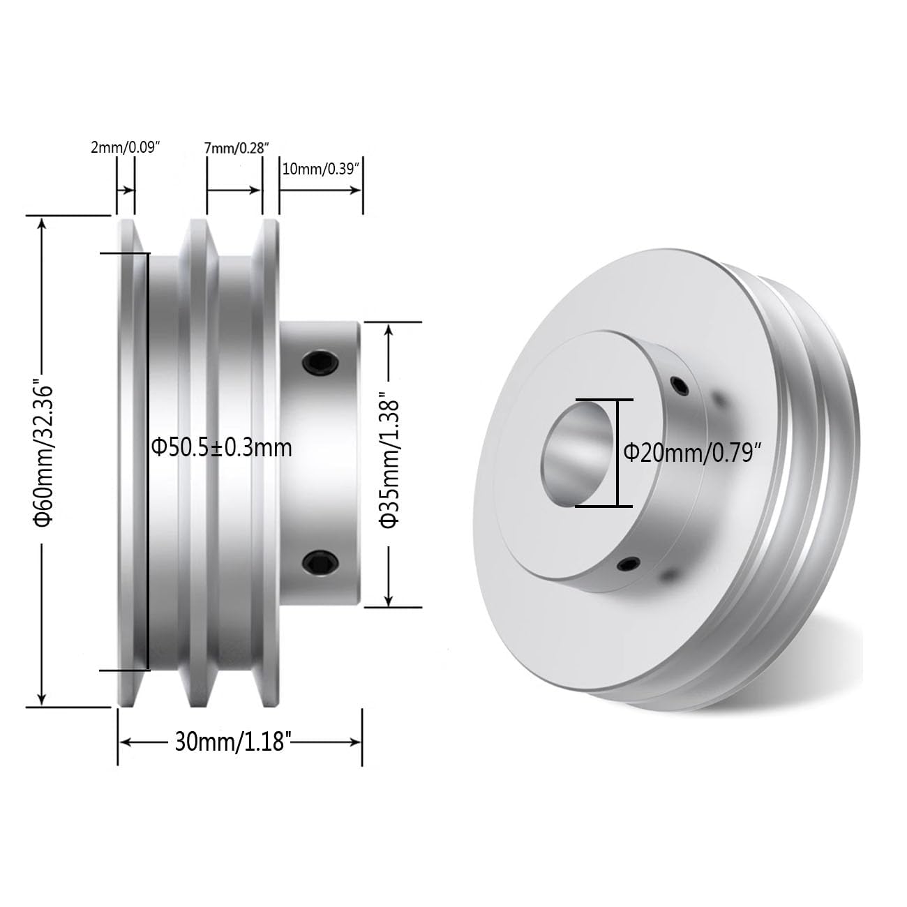 CHANCS Doppelkeilriemenscheibe aus Aluminiumlegierung 60mm OD 20mm fester Durchmesser Riemenscheibe für Motorwelle 6mm(1/4") PU-Rundriemen