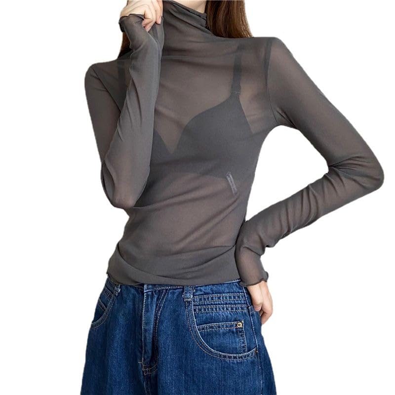 KIJSKKOPO Top De Malla para Mujer, Camiseta Sexy con Cuello Alto, Camiseta Transparente, Camisetas De Manga Larga para Mujer, Camiseta De Malla Transparente, Camiseta Básica, Blusa, Túnica, Tops D