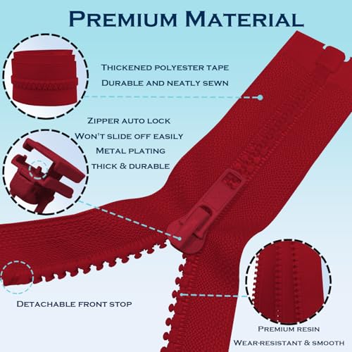 Image of ANPURZII 3PCS #5 34 Inch Red Separating Jacket Zippers for Sewing Coats, Molded Plastic Bulk Zippers(Red 34 inch 3PCS)