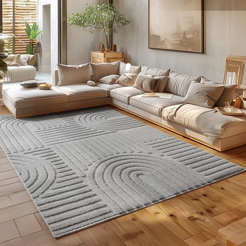 HomebyHome Kurzflor Teppich 200x300 (200x290 cm) Silber - Hoch-Tief 3D Effekt, Waschbar, Flauschig und Extra Weich - Skandinavisch Boho Muster für Wohnzimmer, Schlafzimmer und Esszimmer
