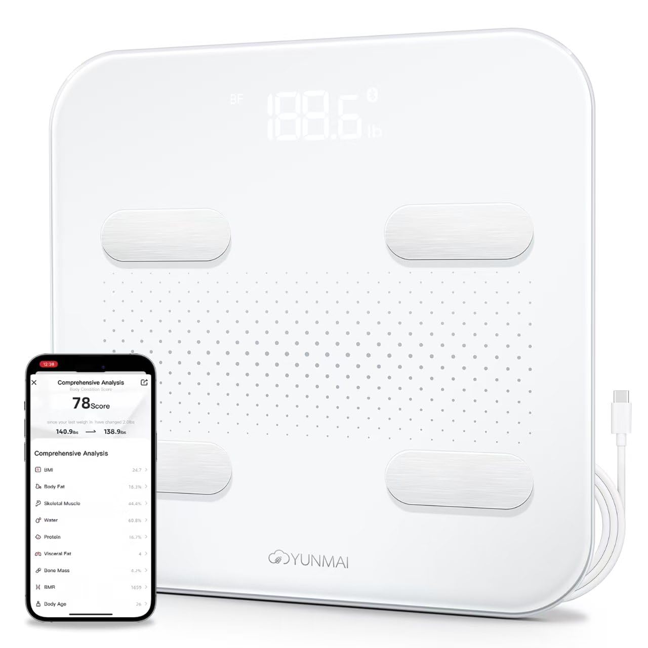 Yunmai S - Smart Scale Second Generation for 2020 Bluetooth Body Fat Scale with LED Display USB Rechargeable Bathroom BMI Scale with Free iOS and Android App