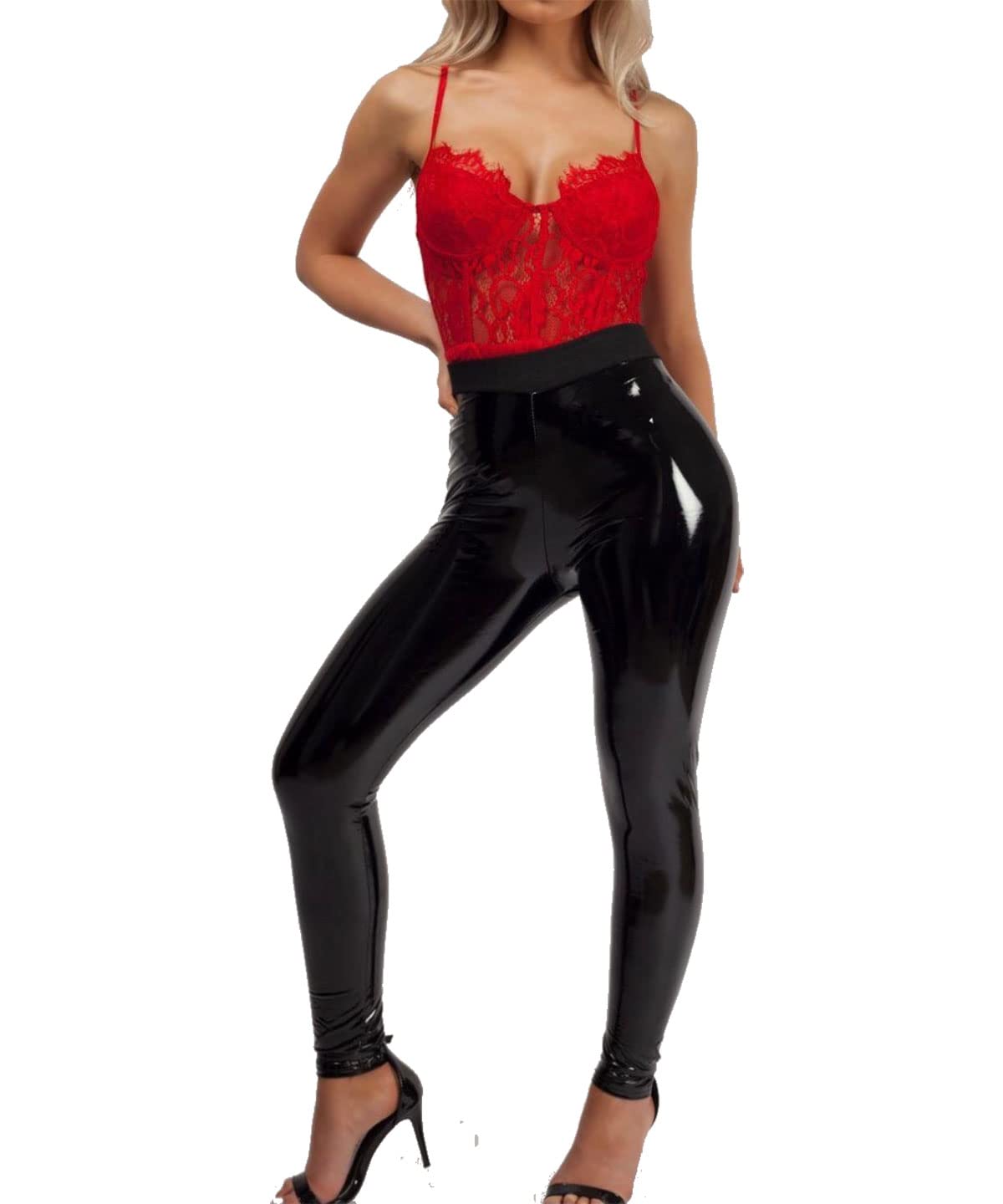 FAIRY BOUTIQUE Womens Wet Look Shiny Vinyl PU Jeggings Trousers Pants Ladies High Waist Leggings Black