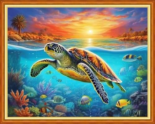 Image of Joyhoor Cross Stitch Kits for Beginners Stamped Cross-Stitch Supplies Needlework preprint Embroidery Kits for Adults DIY Needlepoint Kits Embroidery Patterns 11CT-Millennium Turtle 16x20 inchs