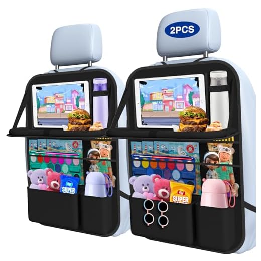 Oneyus Car Backseat Organizer with Table Tray(2-Pack) 9 Storage Pockets Backseat Car Organizer and storage with Tablet Holder, Kick Mats Back Seat Cover for Kids family Road Trip Essentials Travel
