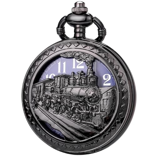 Image of SIBOSUN Antique Men Pocket Watch with Chain Oversized 50MM 1.96 Inch 3D Locomotive Steam Train Railroad Hollow + Box