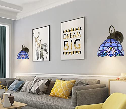 Image of Tiffany Wall Lamp Sconce Light Fixtures Set of Two, Wall Amout Lamp, 8 in Hand-Made Baroque Stained Glass Shade LED Wall Lights for Bedroom Living Room Hallway Kitchen,Blue,2PCS
