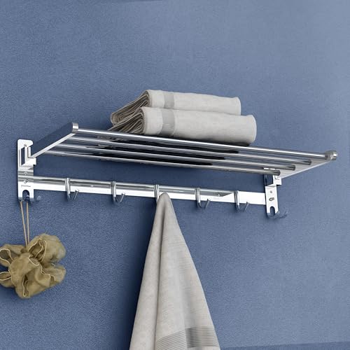 Image of Plantex Folding Towel Rack /Stainless Steel Towel Holder /24 Inch Towel Hanger for Bathroom /Towel Stand with Fix Hook /Bathroom Accessories - Pack of 1 (Chrome)