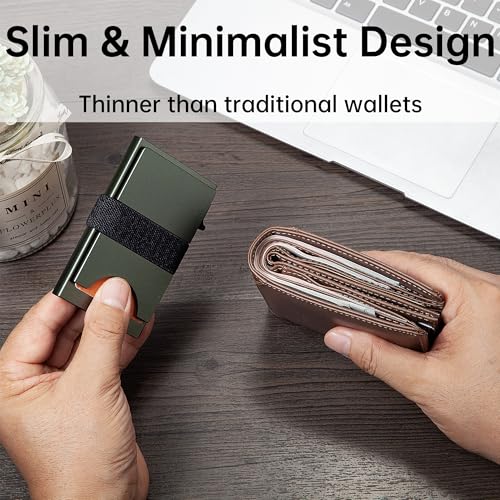 Image of Card Holder Wallets for Men | Slim Aluminum Wallet | RFID Blocking Minimalist Metal Pop Up Wallet | Money Clip & Cash Band | Expandable Compact Plate | Men's Accessories & Gifts for Men,Army Green